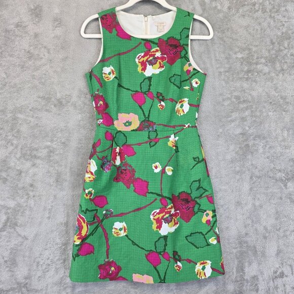 J Crew Dress Womens 0 Green Floral Sleeveless Sheath Pockets Style G2657 Spring - Picture 1 of 10